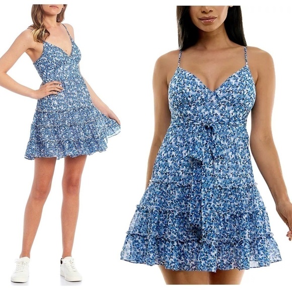 NWT 90s Floral Ruffle Tiered Sleeveless V-Neck Empire Tie Waist Skater Dress 0 - Picture 1 of 6